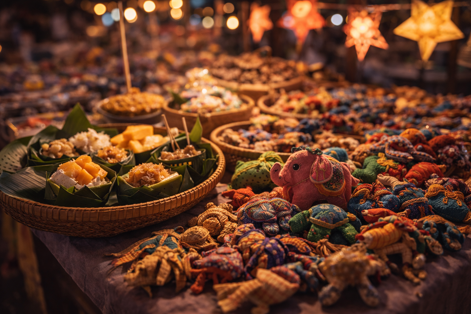 Night market crafts and snacks close up